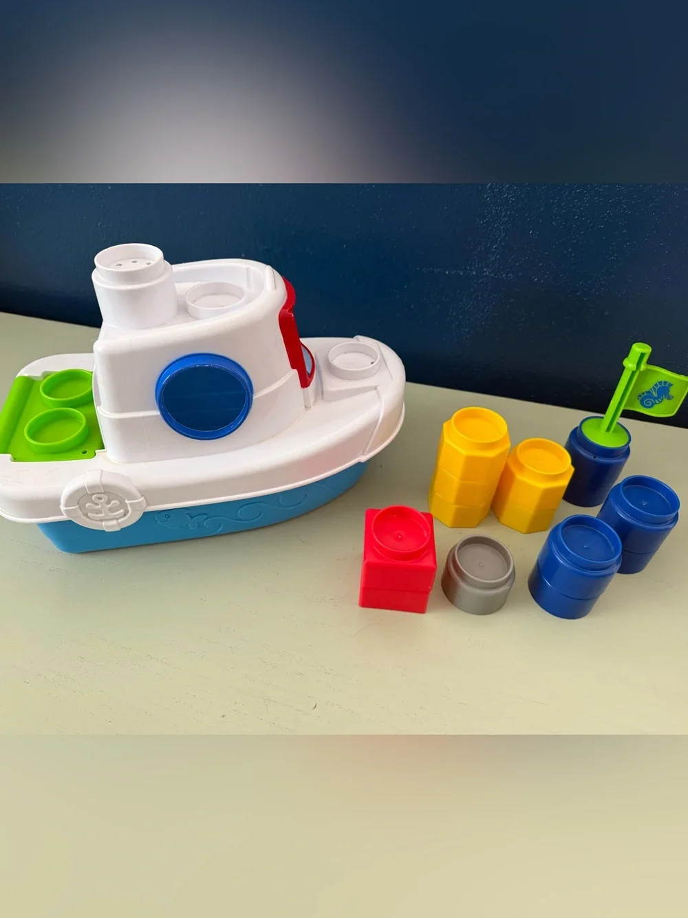 Vintage 2007 Fisher Price Little People Tugboat Shape Sorter with Blocks Flag